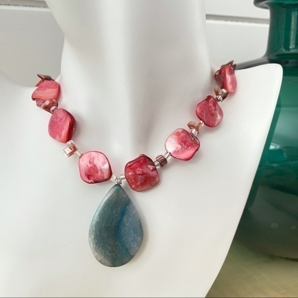 $49 Sale Handmade Bead Pendant Necklace Pink Shell Bluegreen Agate Statement